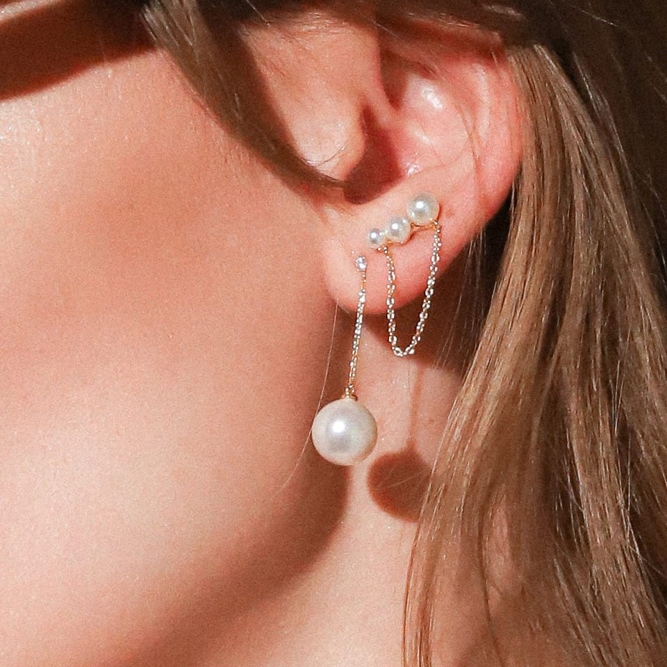 TAI JEWELRY Earrings Large Pearl And CZ Linear Chain Earrings