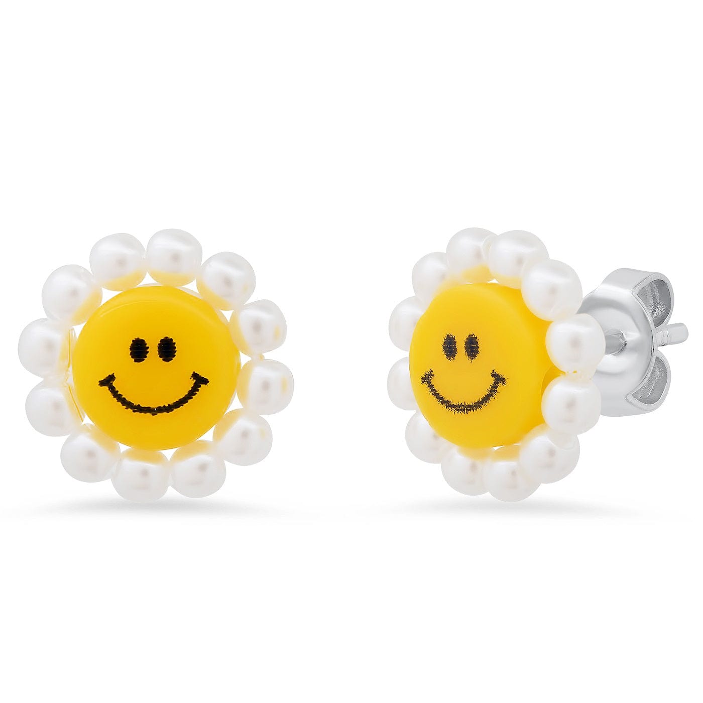 TAI JEWELRY Earrings S/PRL Smiley Face Studs with Bead Accents